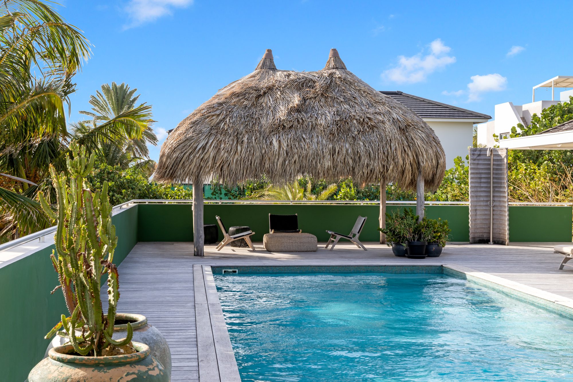 Villa Jan, zwembad met palapa en ligbedden